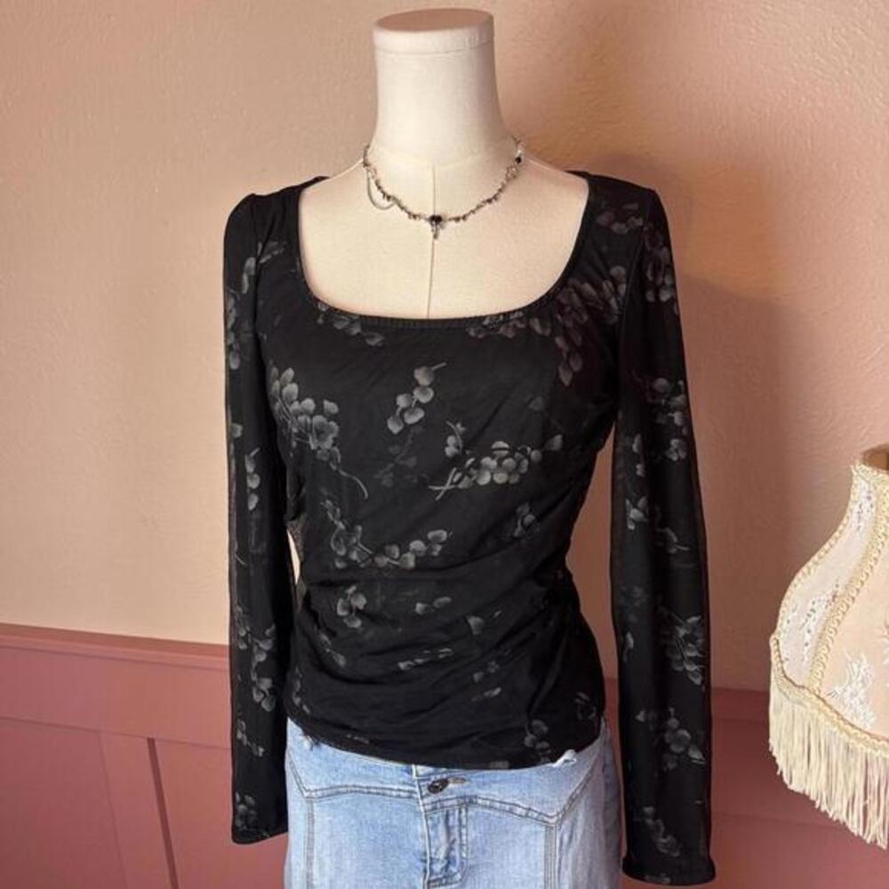 goth fairy mesh floral top bisou bisou black grey sz 6 going out vampy witchy
